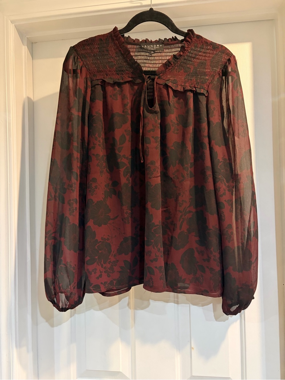 Laundry By Shelli Segal Burgundy and Black Floral Sheer Blouse